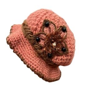 Handcrafted Pink and Brown Crochet Hat with floral beads applique